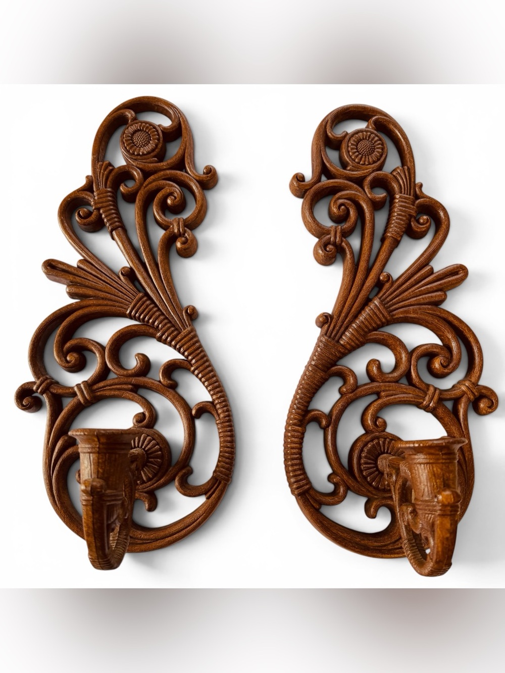 Vintage 1970s Dart Inc. Faux Rattan Wall Candle Sconces Ornate Scrolling Resin